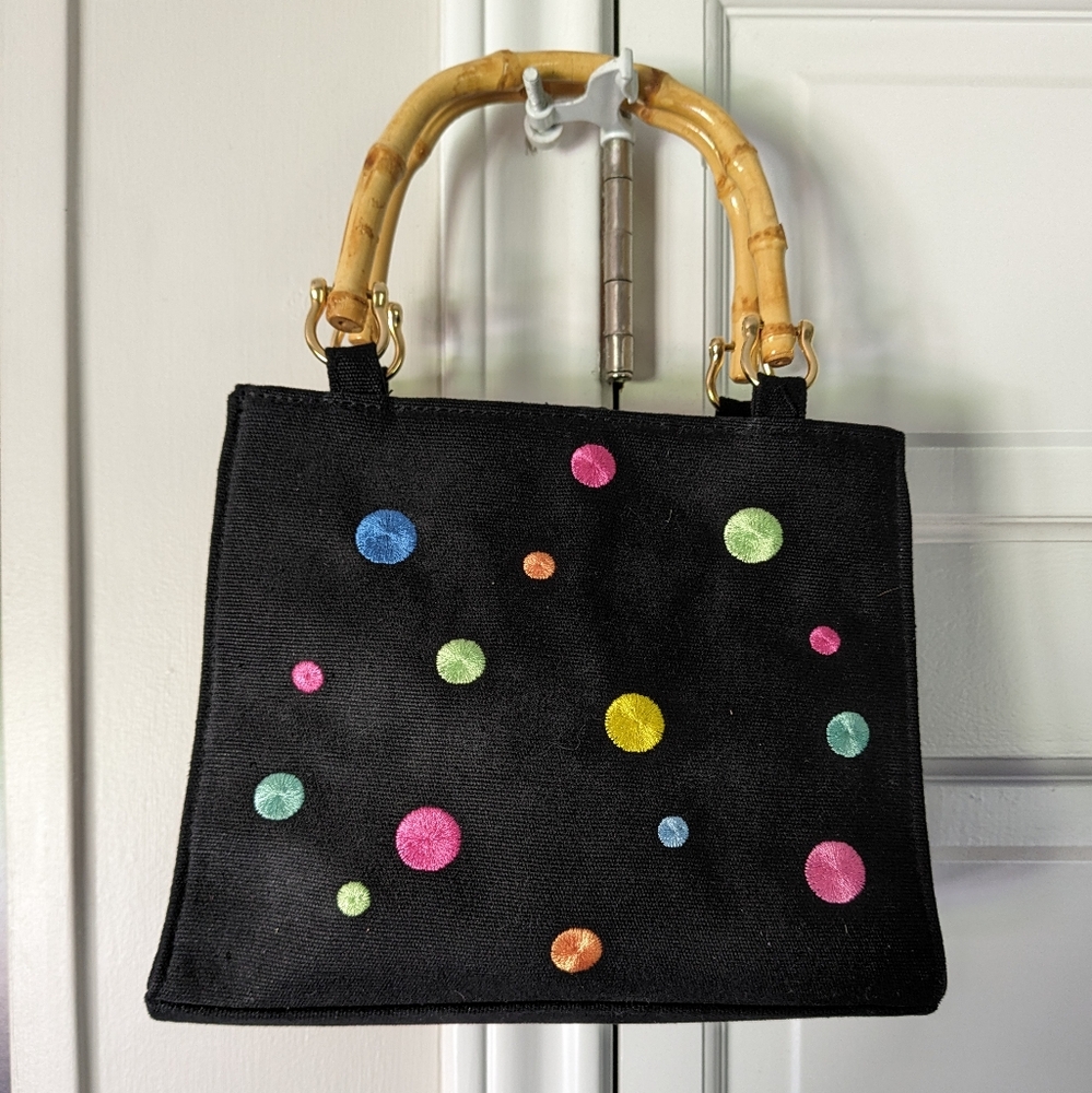 FINAL MARKDOWN... TIANNI Black Polka Dot Canvas Bag with Faux Bamboo Handles